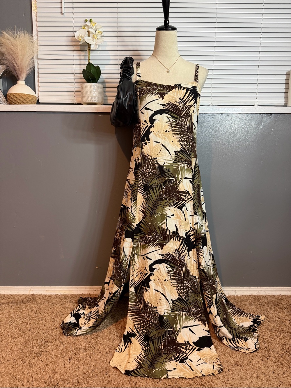Serendipity Maui Tropical Maxi Dress Size L Rayon Palm Print Resort Boho